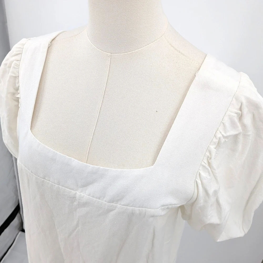 Crescent Linen Blend Dress Puff Sleeve Square Neck Cream Mini‎ L Summer Chic